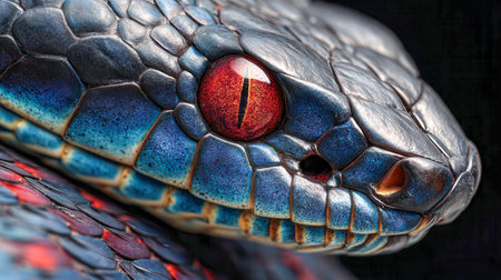 An intricate close-up reveals a serpent's head adorned with shimmering blue and crimson scales, piercing red eye, and a vertical slit pupil set against a dark backdrop.の写真素材