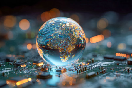 A sleek digital sphere is displayed atop a glowing, high-tech circuitry platform, embodying worldwide links and cutting-edge innovation within a futuristic electroniの写真素材