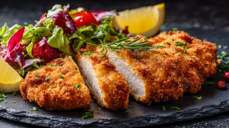A golden, crunchy chicken fillet rests atop a bed of vibrant mixed greens, accented by zesty lemon slices and aromatic herbs on a sleek slate dish.の写真素材