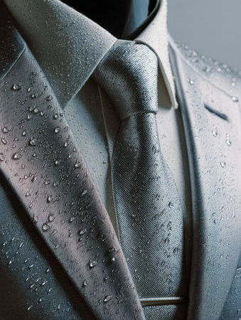 A sophisticated silver suit featuring intricate textured fabric, complemented by a matching tie and shimmering details, with lifelike water droplets emphasizing crafの写真素材
