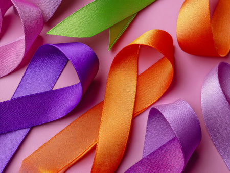 A vibrant collection of satin ribbons in shades of purple, orange, green, and pink laid against a delicate pink backdrop, evoking unity and compassionate advocacy.の写真素材