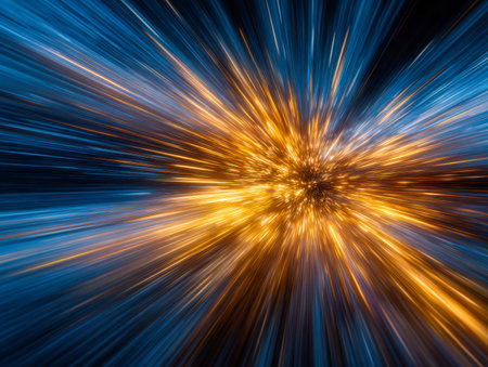 Vibrant streaks of shimmering gold and cool blue burst outward in a captivating display of energy and motion, forming an eye-catching abstract light explosion.の写真素材