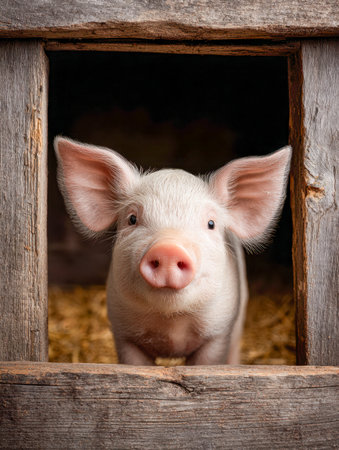 A charming piglet curious eyes shine through a weathered wooden frame, nestled amid golden straw in a warm, sunlit barn creating a heartwarming rural scene.の写真素材