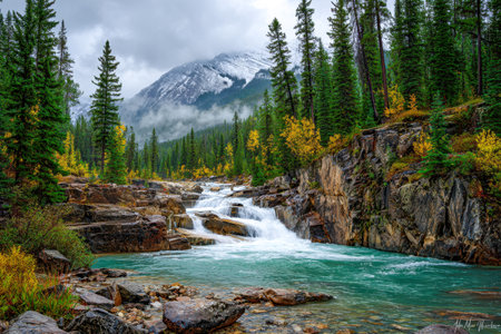 A peaceful mountain scene featuring a gentle waterfall flowing into a vibrant turquoise stream, framed by colorful fall leaves, rugged cliffs, and towering evergreenの写真素材