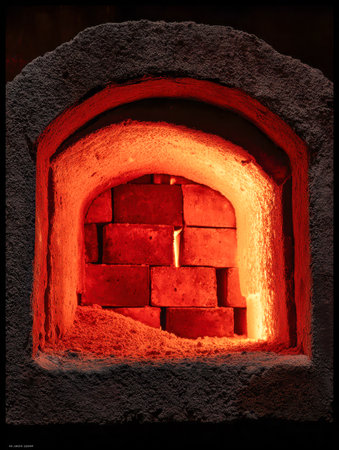 An illuminated crimson core reveals an organized stack of firebricks radiating intense thermal energy, essential for high-temperature industrial applications like metal fの写真素材