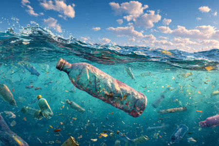 A murky, contaminated sea surface scattered with plastic waste and debris, illustrating urgent environmental issues surrounding marine pollution and inadequate wasteの写真素材