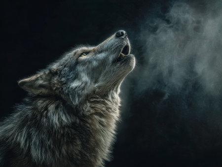 A powerful gray wolf releases a haunting call under a starless sky, its breath visible in the crisp air, embodied wildness and the untamed spirit of nature.の写真素材