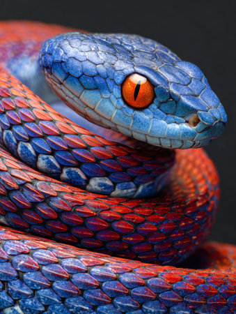 A striking serpent with luminous blue and fiery red patterns, tightly coiled to reveal textured scales and piercing orange eyes against a midnight backdrop.の写真素材