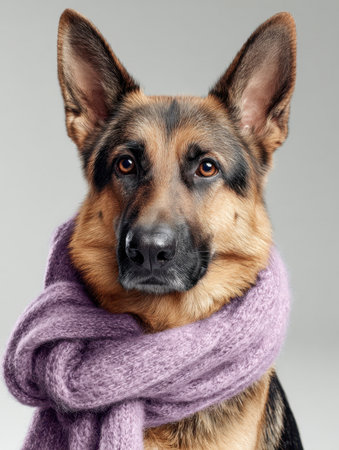 A vigilant German shepherd sports a soft purple knit accessory, exuding warmth and alertness against a simple gray backdrop, perfect for cozy winter style themes.の写真素材