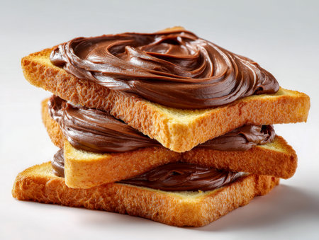 Golden toasted bread chunks generously coated with a luscious, silky chocolate blend, presenting a tempting treat with a glossy sheen and indulgent appeal.の写真素材