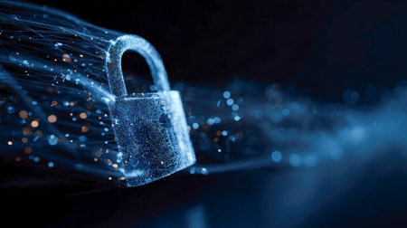 A luminous, semi-transparent padlock hovers amidst flowing data streams, symbolizing cybersecurity in a sleek, futuristic blue-lit environment.の写真素材