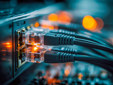Colorful network cables connect to a hub with vibrant indicator LEDs, evoking dynamic digital...