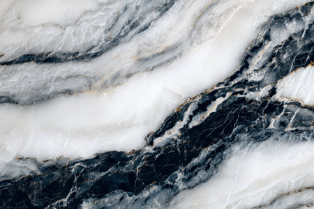 A sophisticated stone surface featuring bold black and white patterns with flowing veins and delicate gold highlights, ideal for upscale interiors and refined decor.の写真素材