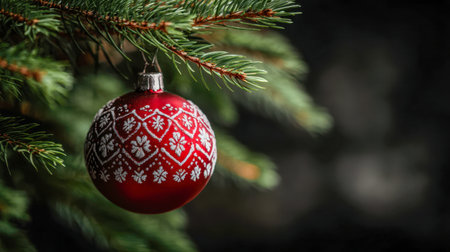 A vibrant red bauble adorned with delicate white snowflake designs delicately dangles from a lush pine branch, evoking warmth and festive cheer in a softly blurred sの写真素材