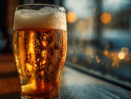 A cool, golden drink with a frothy top, droplets clinging to a chilled glass, set against a warm, inviting backdrop that evokes comfort and relaxation.の写真素材