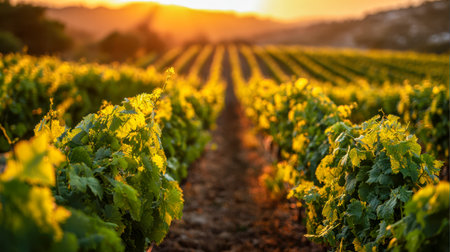 Endless grapevines bask in the soft glow of sunset, their vibrant foliage reaching out across rolling hills under a serene, golden sky.の写真素材