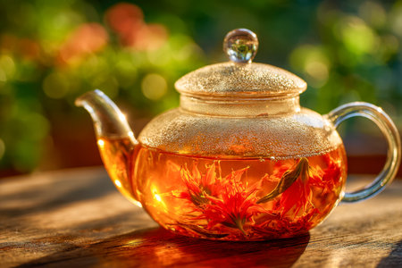 Delicate flowering tea infuses beneath gentle evening rays on a rustic wooden table, surrounded by lush greenery, evoking calm and natural elegance.の写真素材