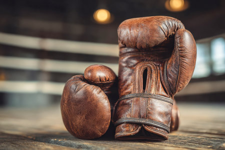 Weathered leather gloves lie abandoned on a wooden floor, their aged texture illuminated softly amidst muted gym lighting, evoking a sense of bygone boxing eras.の写真素材