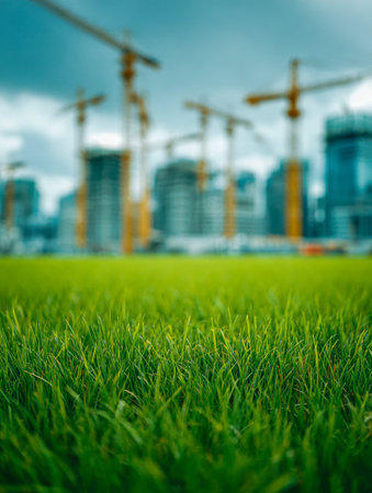 Vibrant grass spreads across the lower frame, contrasting with distant cranes and city structures under an overcast sky, reflecting urban progress and renewal.の写真素材