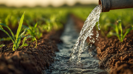 During the golden hour, clear water flows from a pipe into intricately carved soil trenches, fostering vibrant seedlings and emphasizing sustainable farming practices.の写真素材