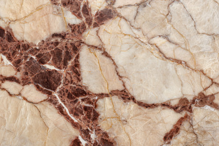 A refined beige and brown marble slab showing detailed veining and textured surface, perfect for sophisticated interiors and luxurious architectural accents.の写真素材