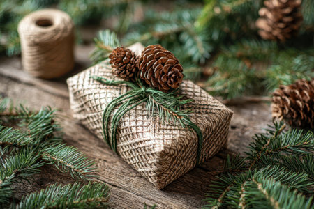 A charming holiday present adorned with coarse burlap, accented by lush fir sprigs, pine cones, and vibrant green twine, set on aged wood to evoke seasonal warmth.の写真素材