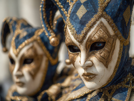 Ornate masks adorned with delicate gold filigree and vivid blue highlights evoke a sense of allure and festivity, perfect for masquerades and cultural celebrations.の写真素材