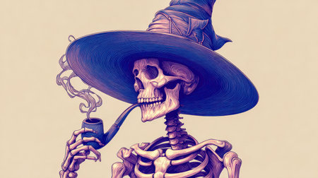 A whimsically styled skeletal figure dons an exaggerated pointed hat, leisurely puffing a pipe amid flowing smoke patterns against a soft, neutral backdrop.の写真素材