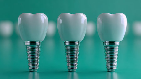Three polished dental posts featuring ceramic restorations are neatly arranged against a vibrant green backdrop, showing casing cutting-edge advancements in dental restoratioの写真素材