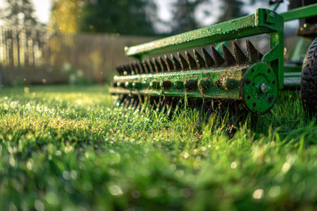 A vibrant green tool penetrates a flourishing lawn, creating glistening moisture in warm morning...