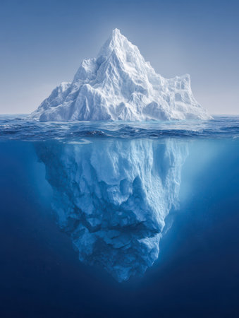A towering iceberg gently drifts on serene waters, revealing a massive submerged mass beneath crystal-clear depths under a pristine blue sky.の写真素材