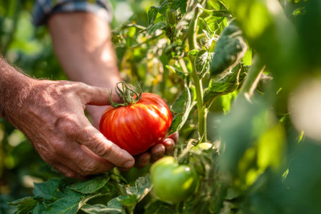 Soft dawn light illuminates a pair of gentle hands as they pick a vibrant heirloom tomato from lush, flourishing foliage, capturing the essence of fresh morning harvの写真素材