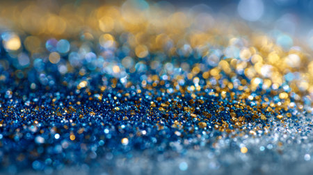 Bright golden and blue specks cascade over a luminous surface, set against a twinkling bokeh backdrop that evokes celebration, enchantment, and wonder.の写真素材