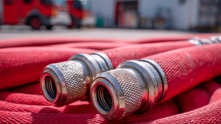Bright crimson hoses with shiny metal fittings sit coiled on pavement, nearby emergency vehicles prepared to combat fires and ensure swift rescue responses.の写真素材