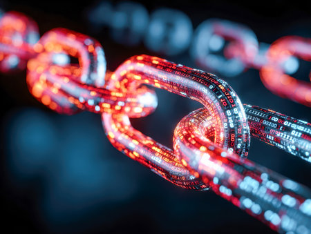 Interconnected luminous links shimmer with embedded binary sequences, symbolizing a cutting-edge network of encrypted data exchanges within a high-tech digital realm.の写真素材