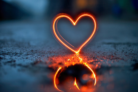 A luminous heart silhouette shimmering with vibrant orange light, mirrored on slick pavement during twilight, evoking a poetic, romantic atmosphere.の写真素材