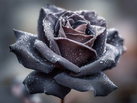 An enchanting close-up of a rich violet-hued bloom adorned with shimmering dew, set against a gentle, out-of-focus backdrop evoking elegance and intrigue.の写真素材