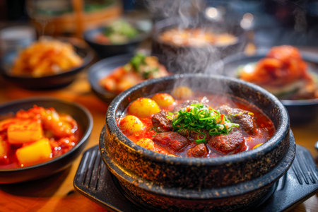 A steaming bowl of fiery Korean stew filled with succulent beef pieces and delicate quail eggs sits in a rustic stone pot, complemented by colorful side dishes on aの写真素材