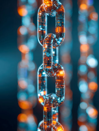 Sleek metallic chains shimmer with reflective surfaces, embedded with vibrant orange and blue digital circuit lines, forming a dynamic, high-tech industrial backdropの写真素材