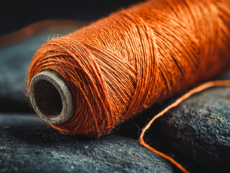 A vivid orange spool of thread lies atop rough, dark stones, showing detailed fibers and a weathered cardboard center bathed in soft, warm sunlight.の写真素材