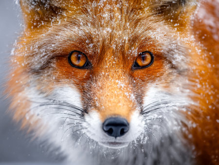 A piercing red fox gazes sharply through a snowy woodland, its luminous amber eyes contrasting with the intricate icy frost on thick, textured fur.の写真素材