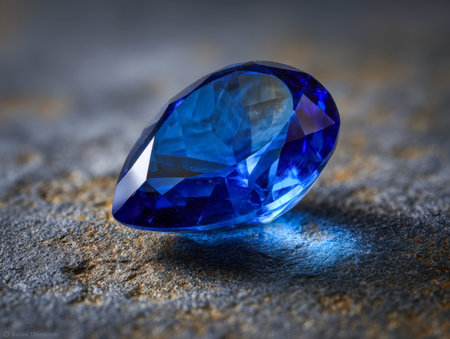 A luminous, sapphire-hued gem with complex cuts rests delicately on a rough stone base, its gentle glow accentuated by subdued lighting and textured surroundings.の写真素材