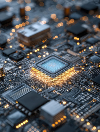 A radiant microprocessor rests at the core of a complex circuit network, where luminous pathways and...