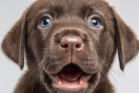 A charming puppy with rich chocolate fur and vivid blue eyes appears delighted, eyes wide open and mouth in a joyful expression, set against a simple neutral backdrop.の写真素材