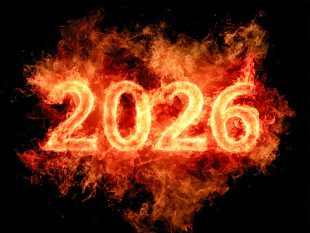 Vibrant flames illuminate bold digital numerals, creating an energetic and intense visual effect perfect for futuristic festivities or cutting-edge events.の写真素材