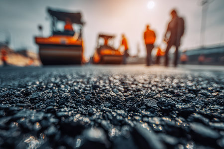 Construction workers in vibrant safety gear operate heavy rollers on a newly laid asphalt road, basking under a clear, sunny sky during active infrastructure work.の写真素材