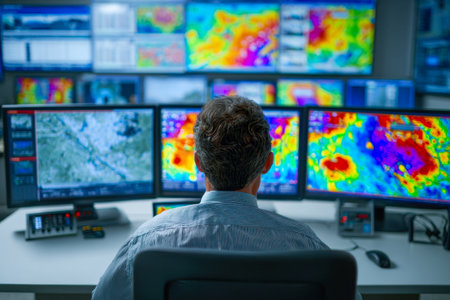 A focused meteorologist scans dynamic weather patterns across several advanced displays, analyzing swirling storm data in a sleek, high-tech environment.の写真素材