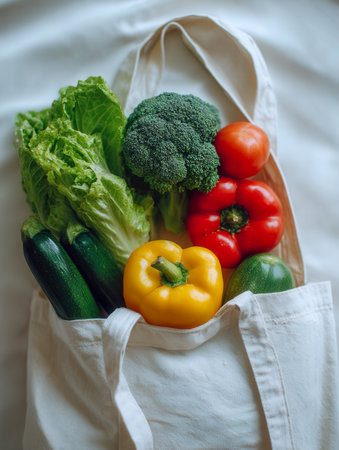 A vibrant assortment of vegetables?bright bell peppers, lush broccoli, crisp lettuce, tender zucchini, and juicy tomatoes?organized inside eco-friendly cotton tote,の写真素材