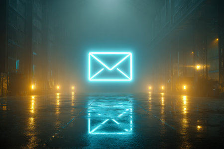 A luminous digital symbol floats above a shadowy industrial space, its neon glow illuminating a wet, reflective surface and casting warm yellow hues across the sceneの写真素材