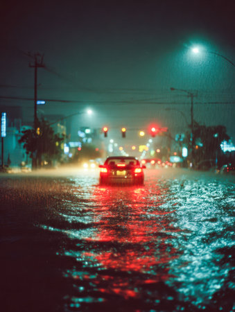 A vehicle navigates a submerged city avenue under neon glow, with shimmering reflections dancing on slick surfaces amid relentless rain and luminous street fixtures.の写真素材